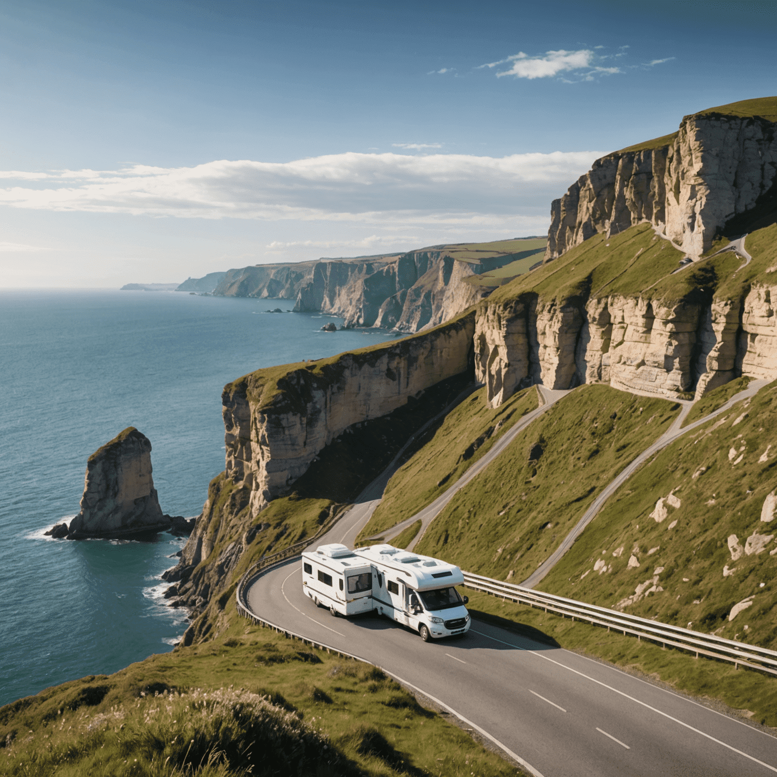 Panoramablick auf eine malerische Küstenstraße in Europa mit einem Wohnmobil, das entlang der Klippen fährt