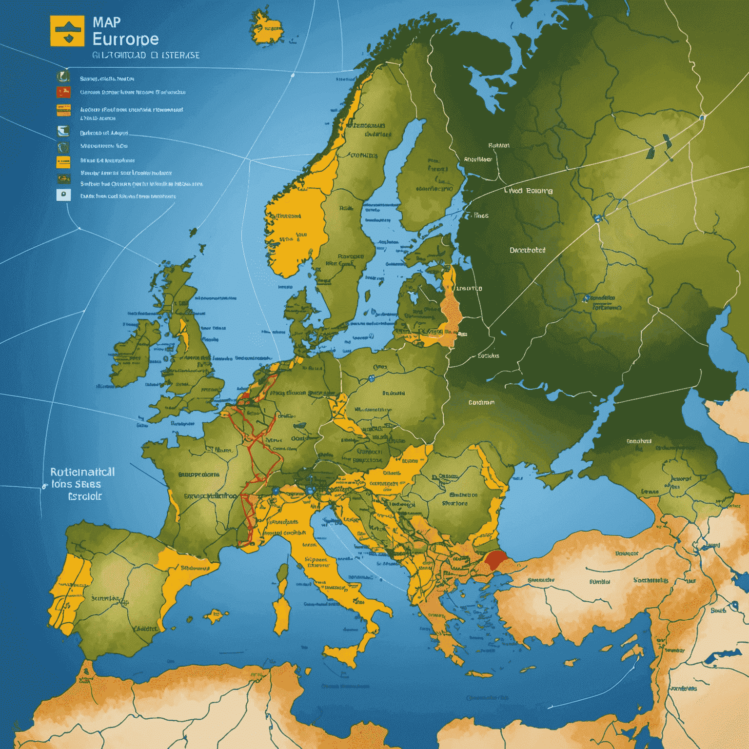 Europakarte mit hervorgehobenen Hauptmautrouten und Symbolen für verschiedene Mautsysteme